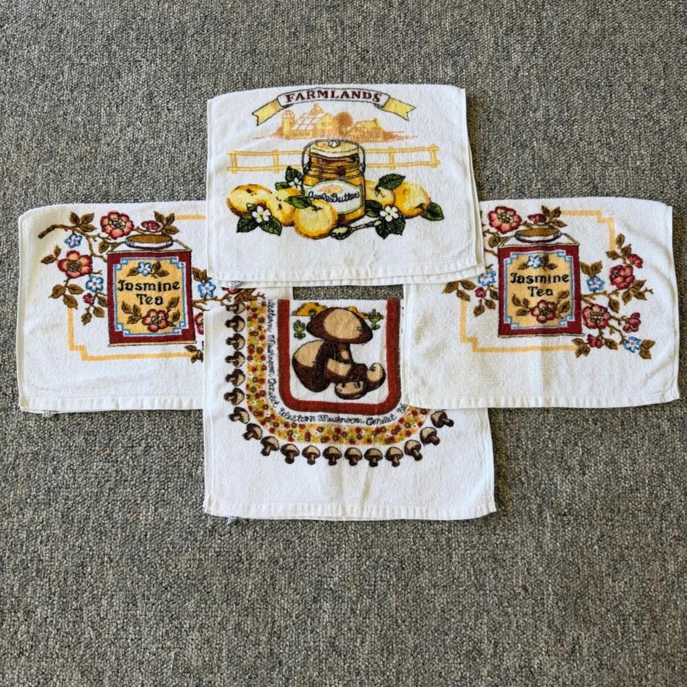 Vintage Kitchen Towels Terry Mushroom Jasmine Tea Farmhouse Cottagecore Lot of 4